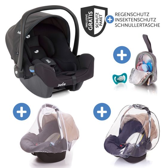 joie Babyschale i-Snug i-Size ab Geburt - 13 kg (40 cm - 75 cm) inkl. Sitzverkleinerer nur 3,25 kg & Zubehörpaket - Coal