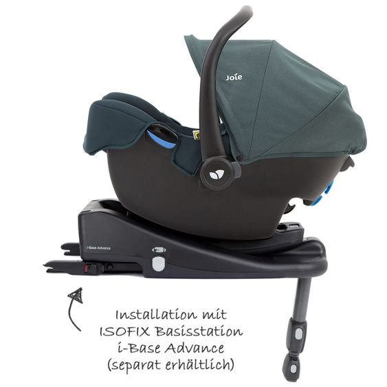 joie Babyschale i-Snug i-Size ab Geburt - 13 kg (40 cm - 75 cm) inkl. Sitzverkleinerer nur 3,25 kg & Zubehörpaket - Lagoon