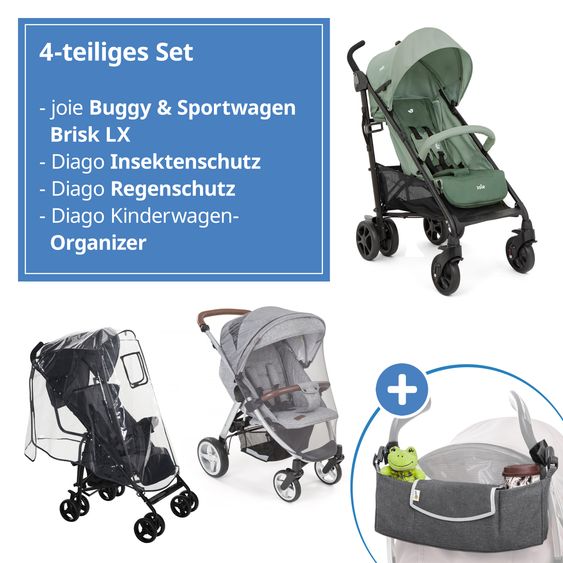 joie Buggy & pushchair Brisk LX up to 22 kg load capacity with reclining function, one-hand folding incl. Hug it! organizer, insect screen & rain cover - Laurel