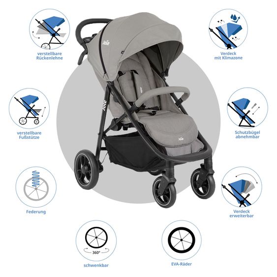 joie Buggy & Sportwagen Litetrax bis 22 kg belastbar mit Schieber-Ablagefach, Sonnenschirm, Sommer Sitzauflage, Insektenschutz & Regenschutz - Pebble
