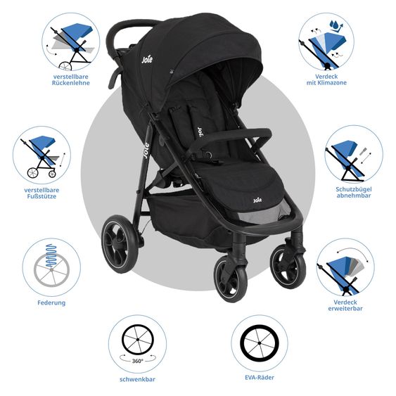 joie Buggy & Sportwagen Litetrax bis 22 kg belastbar mit Schieber-Ablagefach, Sonnenschirm, Sommer Sitzauflage, Insektenschutz & Regenschutz - Shale