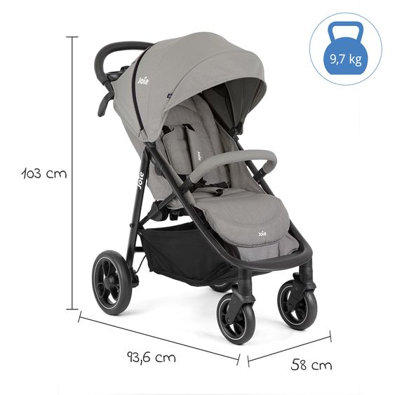 joie Buggy & Sportwagen Litetrax inkl. Fußsack - bis 22 kg belastbar mit Schieber-Ablagefach & Regenschutz - Pebble