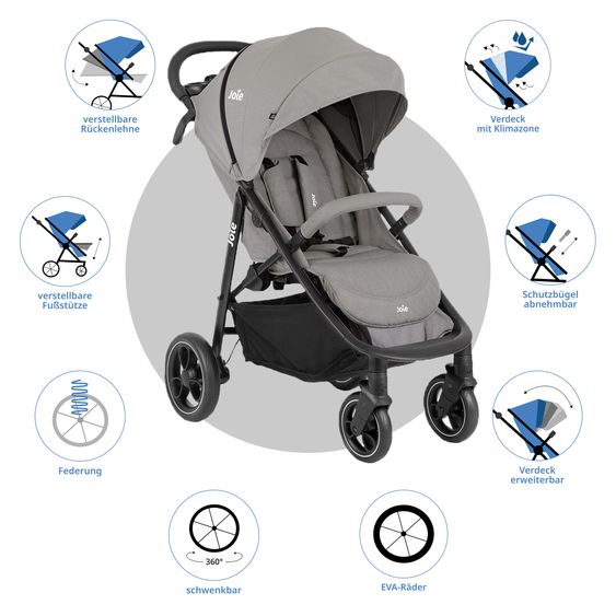 joie Buggy & Sportwagen Litetrax inkl. Fußsack - bis 22 kg belastbar mit Schieber-Ablagefach & Regenschutz - Pebble