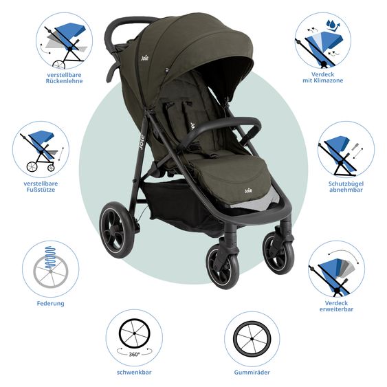 joie Buggy & stroller Litetrax Pro up to 22 kg load capacity with handlebar storage compartment & rain cover - Sage