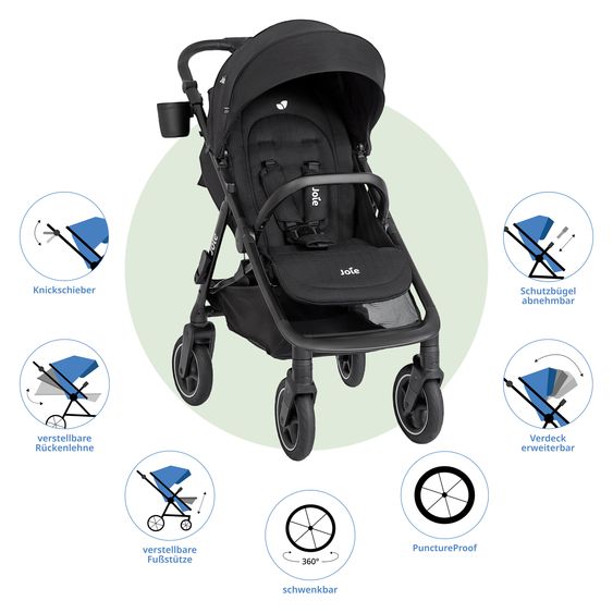 joie Buggy & Sportwagen Mydrift bis 22 kg belastbar mit Drift-Funktion, Knickschieber, Getränkehalter & Regenschutz - Raven