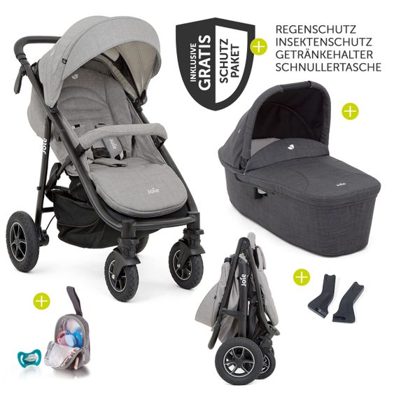joie Kombi-Kinderwagen Mytrax Flex mit Komfort-Federung, Babywanne, Adapter bis 22 kg belastbar & XXL Zubehörpaket - Gray Flannel
