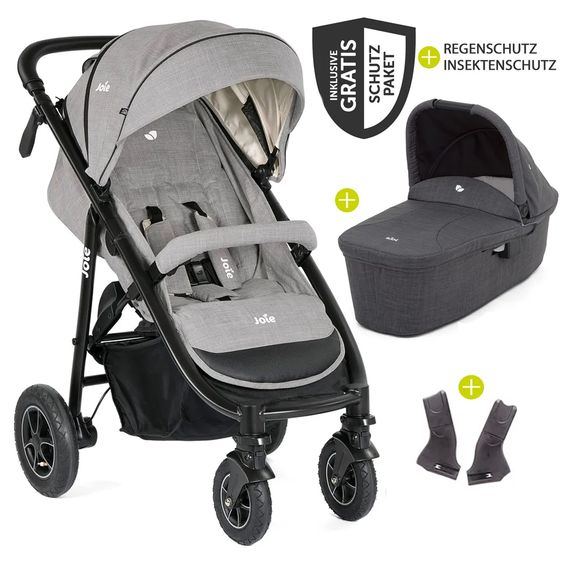 joie Kombi-Kinderwagen Mytrax mit Luftreifen, Babywanne, Adapter & Zubehör Paket - Gray Flannel