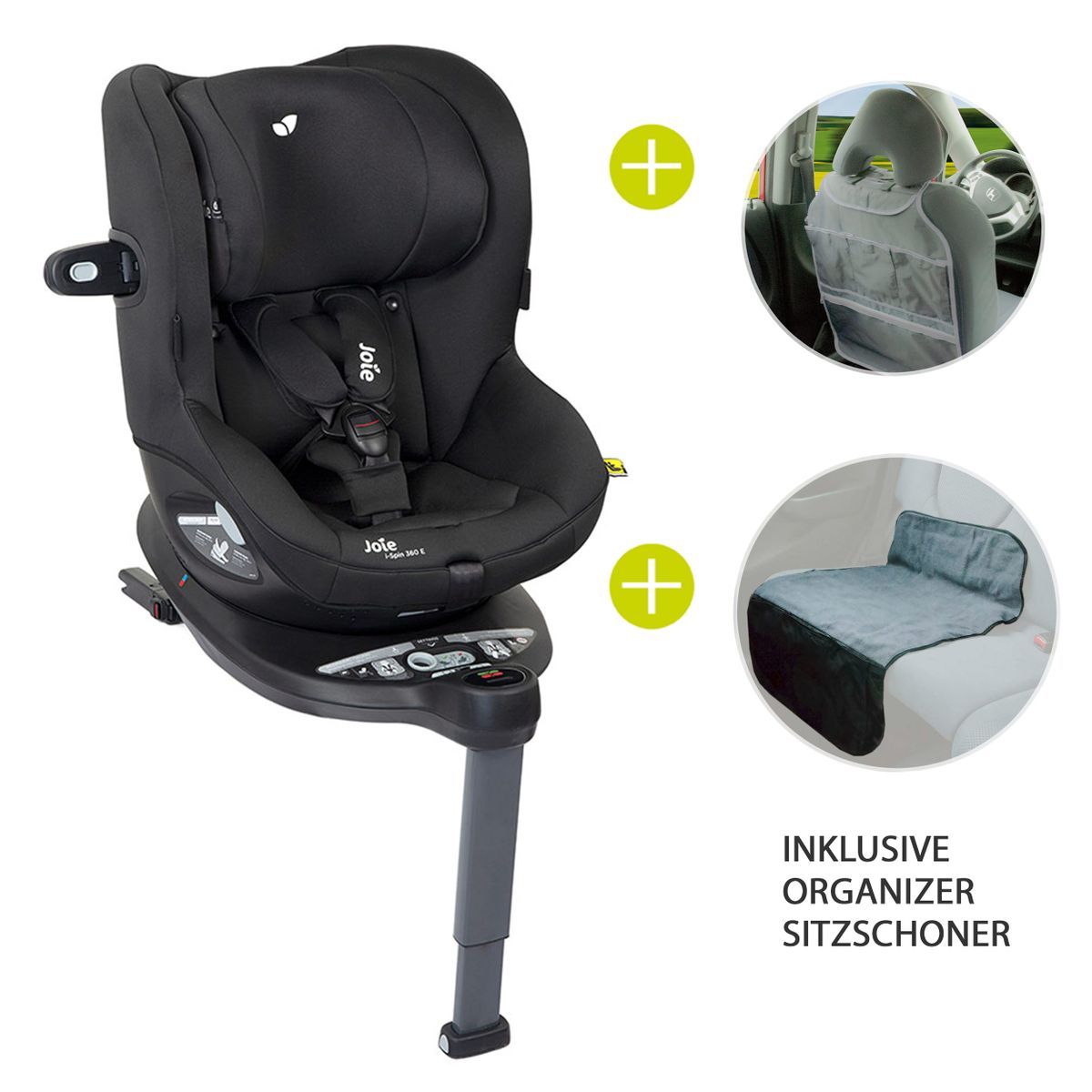 joie Reboarder-Kindersitz i-Spin 360 E i-Size - ab 9 Monate - 4 Jahre (61-105 cm) mit Isofix-Basis + Gratis Zubehörpaket - Coal