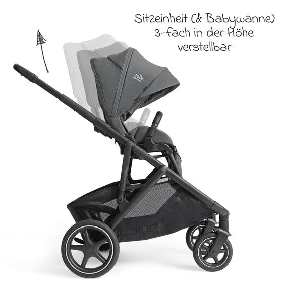 Joie Signature 2in1 Kombi-Kinderwagen-Set Versiti bis 22 kg mit Babywanne Ramble XL, Sportsitz, Liegeposition, Teleskopschieber,inkl.  Adapter, Regenschutz und Einkaufskorb - Ebony