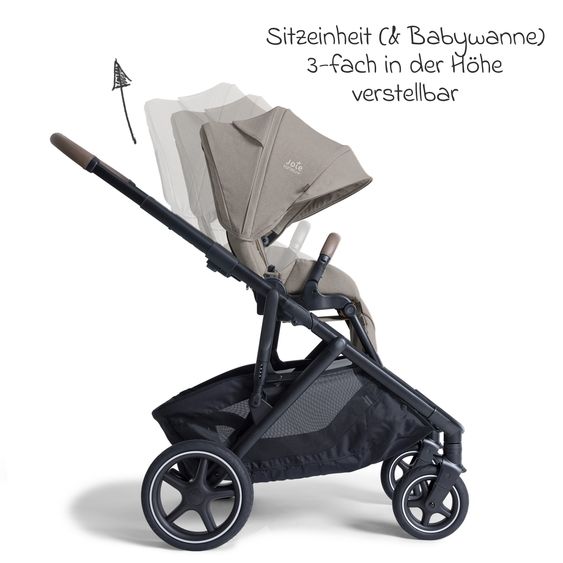 Joie Signature 2in1 Kombi-Kinderwagen-Set Versiti bis 22 kg mit Babywanne Ramble XL, Sportsitz, Liegeposition, Teleskopschieber,inkl.  Adapter, Regenschutz und Einkaufskorb - Sandstone