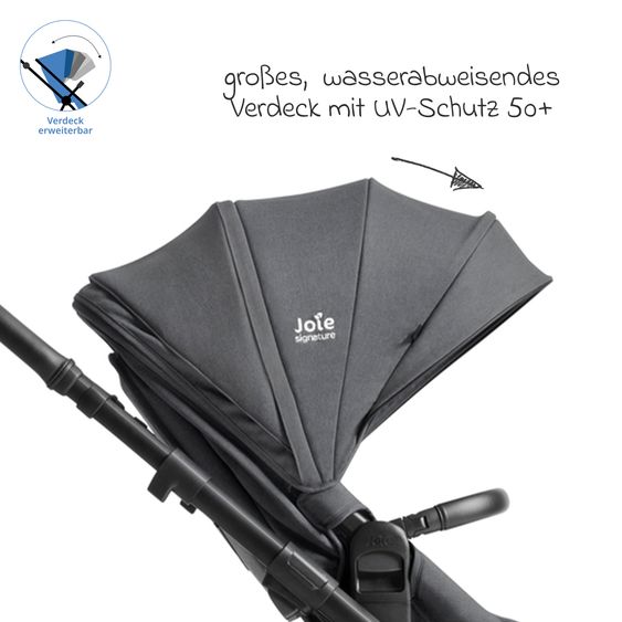 Joie Signature 2in1 Kombi-Kinderwagen Vinca bis 22 kg belastbar mit Babywanne Ramble Xl, Teleskopschieber, umsetzbare Sitzeinheit, inkl. Adapter & Regenverdeck - Signature - Ebony