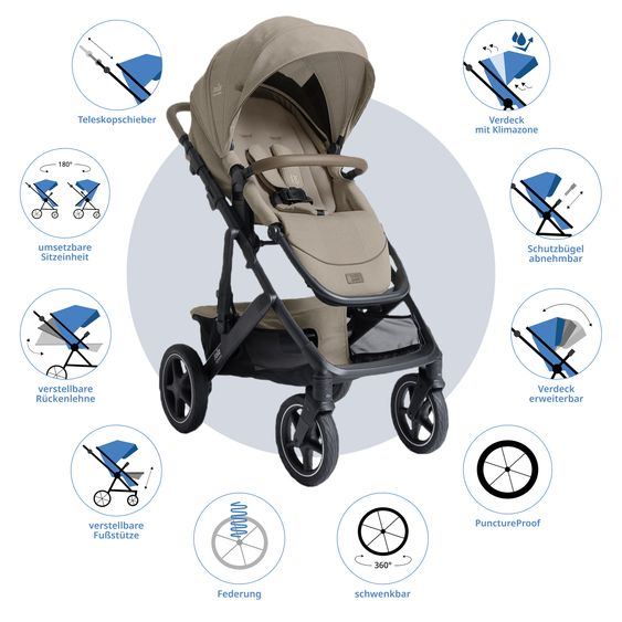 Joie Signature 2in1 Kombi-Kinderwagen Vinca bis 22 kg belastbar mit Babywanne Ramble Xl, Teleskopschieber, umsetzbare Sitzeinheit, inkl. Adapter & Regenverdeck - Signature - Sandstone