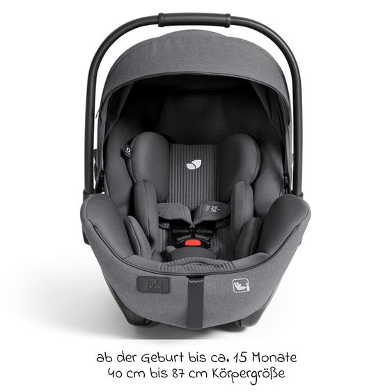 Joie Signature Babyschale I-Level Pro i-Size mit Isofix-Basisstation ab Geburt - 13 kg (40 cm -87 cm) mit Liegefunktuion, Sitzverkleinerer, Sonnenverdeck & Polsterschutz - Signature - Ebony