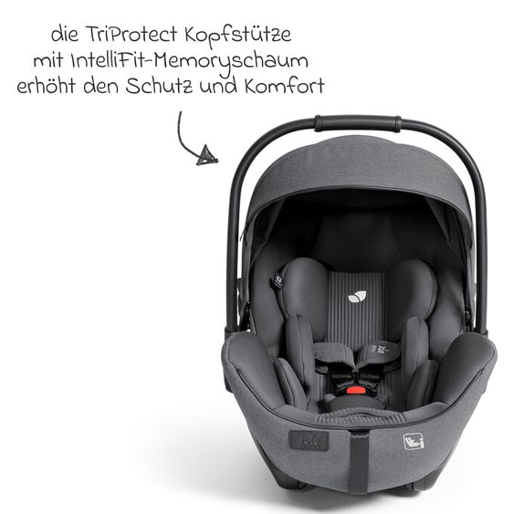 Joie Signature Babyschale I-Level Pro i-Size mit Isofix-Basisstation ab Geburt - 13 kg (40 cm -87 cm) mit Liegefunktuion, Sitzverkleinerer, Sonnenverdeck & Polsterschutz - Signature - Ebony
