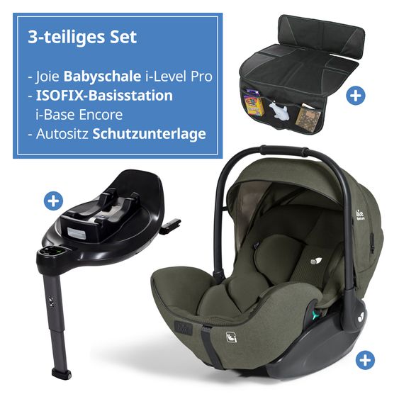 Joie Signature Babyschale I-Level Pro i-Size mit Isofix-Basisstation ab Geburt - 13 kg (40 cm -87 cm) mit Liegefunktuion, Sitzverkleinerer, Sonnenverdeck & Polsterschutz - Signature - Evergreen