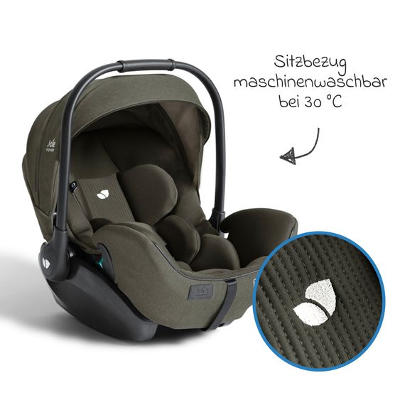 Joie Signature Babyschale I-Level Pro i-Size mit Isofix-Basisstation ab Geburt - 13 kg (40 cm -87 cm) mit Liegefunktuion, Sitzverkleinerer, Sonnenverdeck & Polsterschutz - Signature - Evergreen