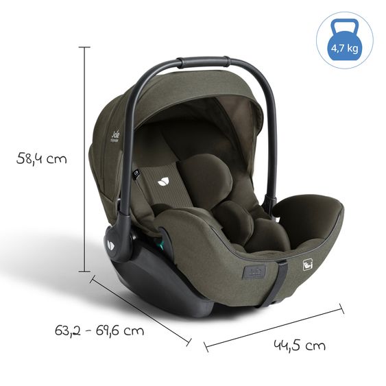 Joie Signature Babyschale I-Level Pro i-Size mit Isofix-Basisstation ab Geburt - 13 kg (40 cm -87 cm) mit Liegefunktuion, Sitzverkleinerer, Sonnenverdeck & Polsterschutz - Signature - Evergreen