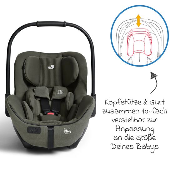 Joie Signature Babyschale I-Level Pro i-Size mit Isofix-Basisstation ab Geburt - 13 kg (40 cm -87 cm) mit Liegefunktuion, Sitzverkleinerer, Sonnenverdeck & Polsterschutz - Signature - Evergreen
