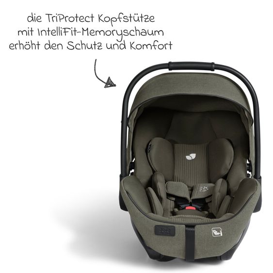 Joie Signature Babyschale I-Level Pro i-Size mit Isofix-Basisstation ab Geburt - 13 kg (40 cm -87 cm) mit Liegefunktuion, Sitzverkleinerer, Sonnenverdeck & Polsterschutz - Signature - Evergreen