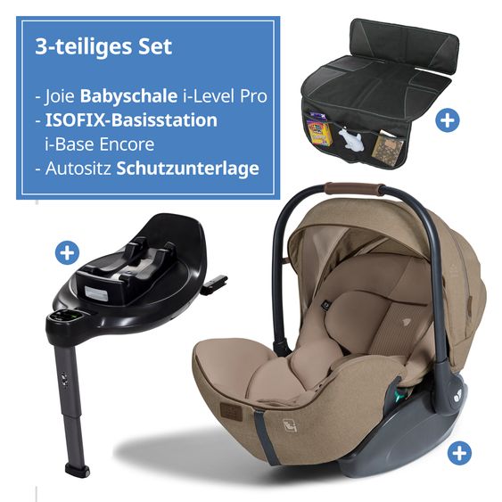 Joie Signature Babyschale I-Level Pro i-Size mit Isofix-Basisstation ab Geburt - 13 kg (40 cm -87 cm) mit Liegefunktuion, Sitzverkleinerer, Sonnenverdeck & Polsterschutz - Signature - Sandstone