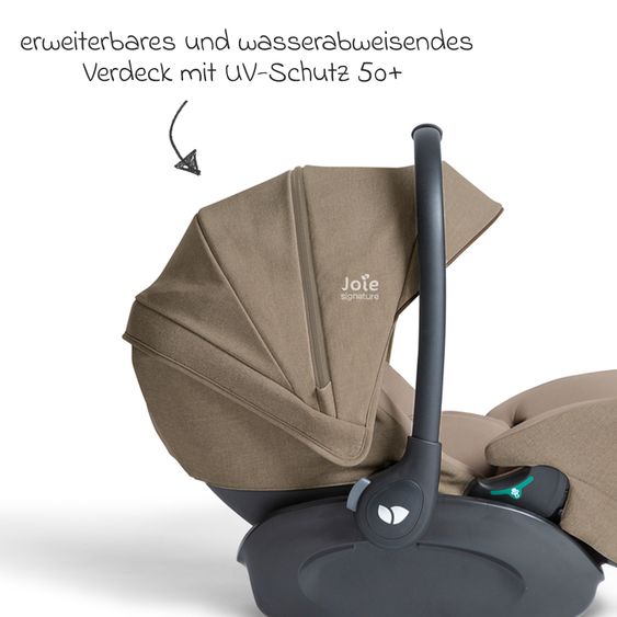 Joie Signature Babyschale I-Level Pro i-Size mit Isofix-Basisstation ab Geburt - 13 kg (40 cm -87 cm) mit Liegefunktuion, Sitzverkleinerer, Sonnenverdeck & Polsterschutz - Signature - Sandstone
