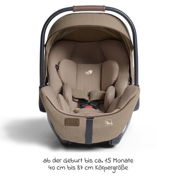 Joie Signature Babyschale I-Level Pro i-Size mit Isofix-Basisstation ab Geburt - 13 kg (40 cm -87 cm) mit Liegefunktuion, Sitzverkleinerer, Sonnenverdeck & Polsterschutz - Signature - Sandstone