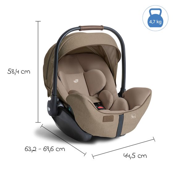 Joie Signature Babyschale I-Level Pro i-Size mit Isofix-Basisstation ab Geburt - 13 kg (40 cm -87 cm) mit Liegefunktuion, Sitzverkleinerer, Sonnenverdeck & Polsterschutz - Signature - Sandstone