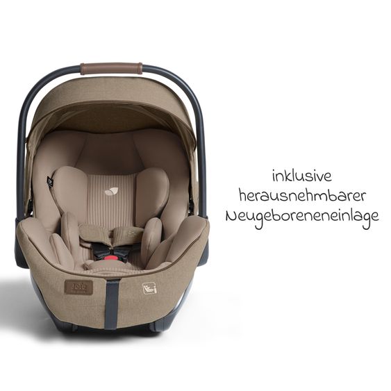 Joie Signature Babyschale I-Level Pro i-Size mit Isofix-Basisstation ab Geburt - 13 kg (40 cm -87 cm) mit Liegefunktuion, Sitzverkleinerer, Sonnenverdeck & Polsterschutz - Signature - Sandstone