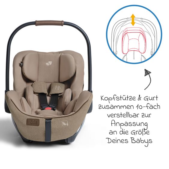 Joie Signature Babyschale I-Level Pro i-Size mit Isofix-Basisstation ab Geburt - 13 kg (40 cm -87 cm) mit Liegefunktuion, Sitzverkleinerer, Sonnenverdeck & Polsterschutz - Signature - Sandstone