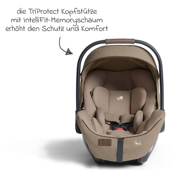 Joie Signature Babyschale I-Level Pro i-Size mit Isofix-Basisstation ab Geburt - 13 kg (40 cm -87 cm) mit Liegefunktuion, Sitzverkleinerer, Sonnenverdeck & Polsterschutz - Signature - Sandstone