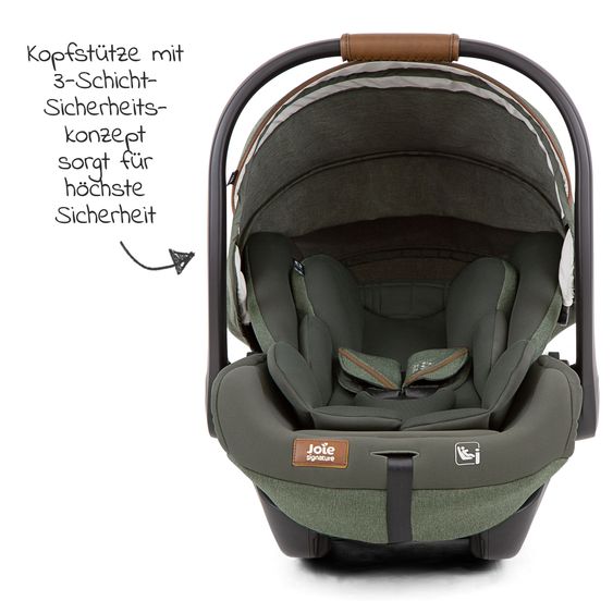 Joie Signature Babyschale i-Level Recline i-Size mit Isofix-Basis ab Geburt - 13 kg (40 cn - 85 cm) Neigungswinkel 157°, Sitzverkleinerer & Sonnenverdeck & Polsterschutz - Signature - Pine