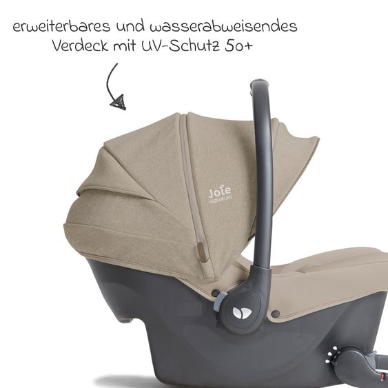 Joie Signature Babyschale Sprint R129 ab Geburt - 13 kg (40 cm -75 cm) inkl. Sitzverkleinerer, Sonnenverdeck & Isofix-Konnektoren - Signature - Sandstone