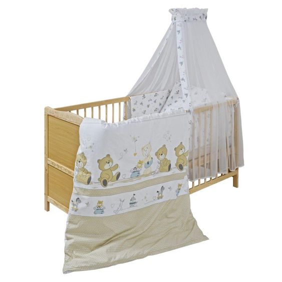jonka Babybett-Komplett-Set Leni inkl. Bettwäsche, Himmel, Nestchen & Matratze 70 x 140 cm - Spielbär - Natur