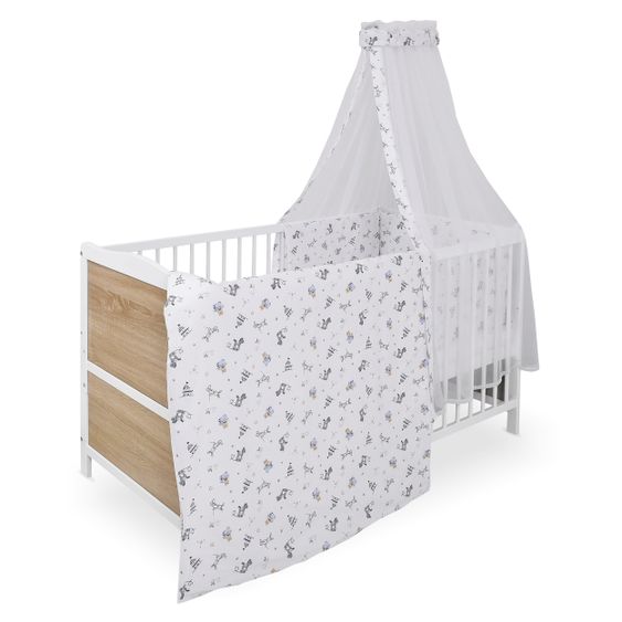 jonka Babybett-Komplett-Set Max inkl. Bettwäsche, Himmel, Nestchen & Matratze 70 x 140 cm - Spielparty - Weiß Eiche