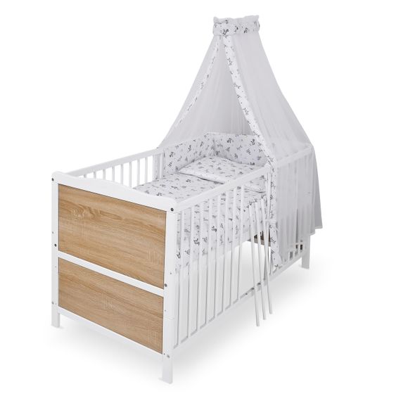 jonka Baby crib complete set Max incl. bedding, canopy, nestle & mattress 70 x 140 cm - Play Party - White Oak