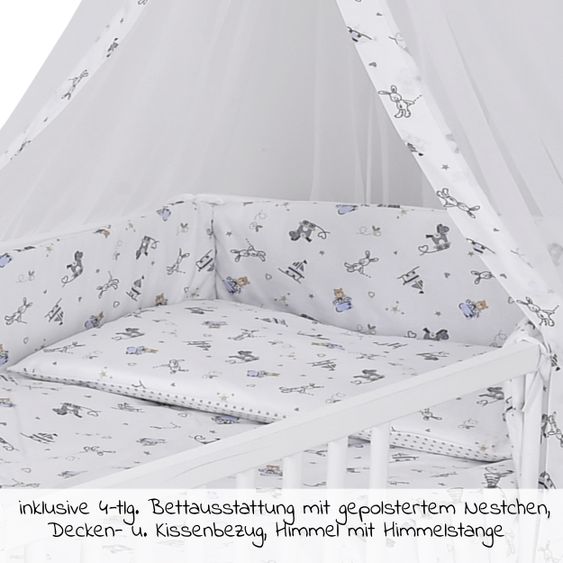 jonka Babybett-Komplett-Set Max inkl. Bettwäsche, Himmel, Nestchen & Matratze 70 x 140 cm - Spielparty - Weiß Eiche