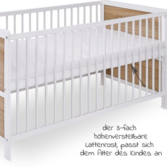 jonka Babybett-Komplett-Set Max inkl. Bettwäsche, Himmel, Nestchen & Matratze 70 x 140 cm - Spielparty - Weiß Eiche