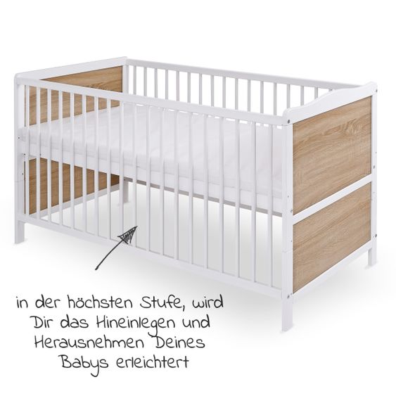 jonka Baby crib complete set Max incl. bedding, canopy, nestle & mattress 70 x 140 cm - Play Party - White Oak