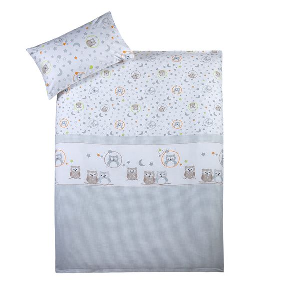 jonka Babybett-Komplett-Set Mona inkl. Bettwäsche, Himmel, Nestchen & Matratze 70 x 140 cm - Eulenpaar - Weiß