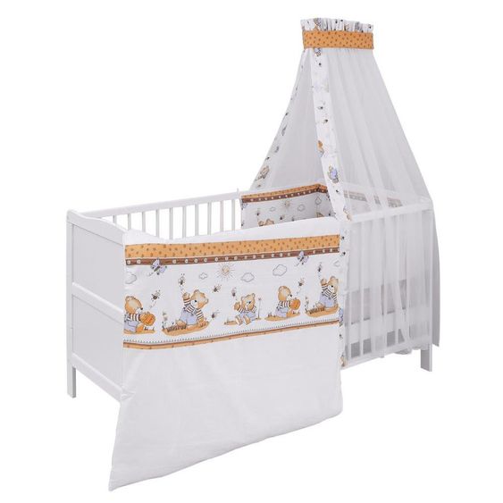 jonka Babybett-Komplett-Set Mona inkl. Bettwäsche, Himmel, Nestchen & Matratze 70 x 140 cm - Honigbär - Weiß