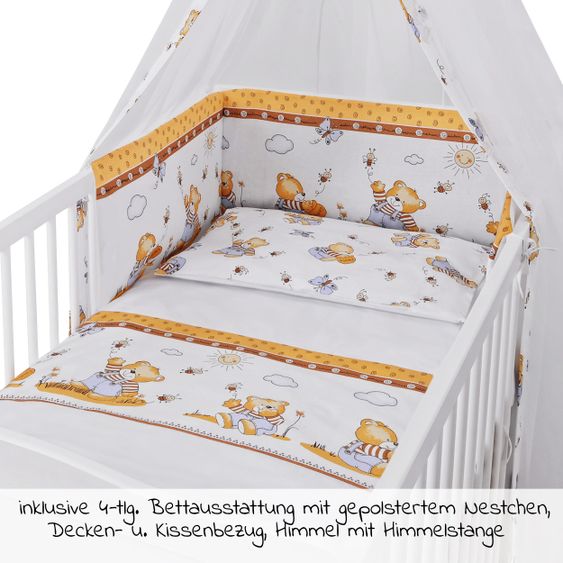 jonka Babybett-Komplett-Set Mona inkl. Bettwäsche, Himmel, Nestchen & Matratze 70 x 140 cm - Honigbär - Weiß