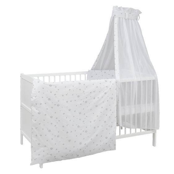 jonka Babybett-Komplett-Set Mona inkl. Bettwäsche, Himmel, Nestchen & Matratze 70 x 140 cm - Sterne - Weiß