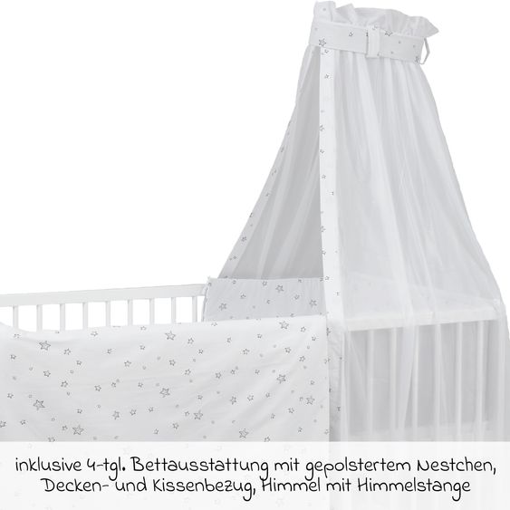 jonka Babybett-Komplett-Set Mona inkl. Bettwäsche, Himmel, Nestchen & Matratze 70 x 140 cm - Sterne - Weiß