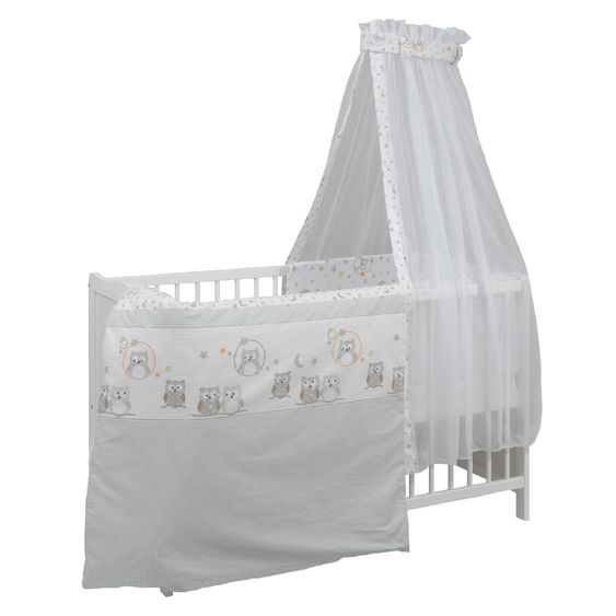 jonka Babybett-Komplett-Set Sina inkl. Bettwäsche, Himmel, Nestchen & Matratze 60 x 120 cm - Eule - Weiß