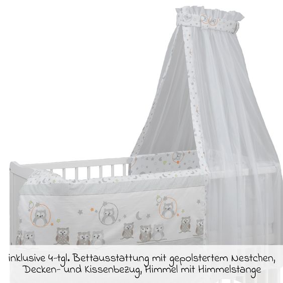 jonka Babybett-Komplett-Set Sina inkl. Bettwäsche, Himmel, Nestchen & Matratze 60 x 120 cm - Eule - Weiß
