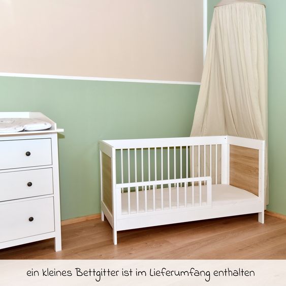 jonka Baby bed and crib Erwin with 3-way height-adjustable slatted frame and 3 rungs 70 x 140 cm - White oak