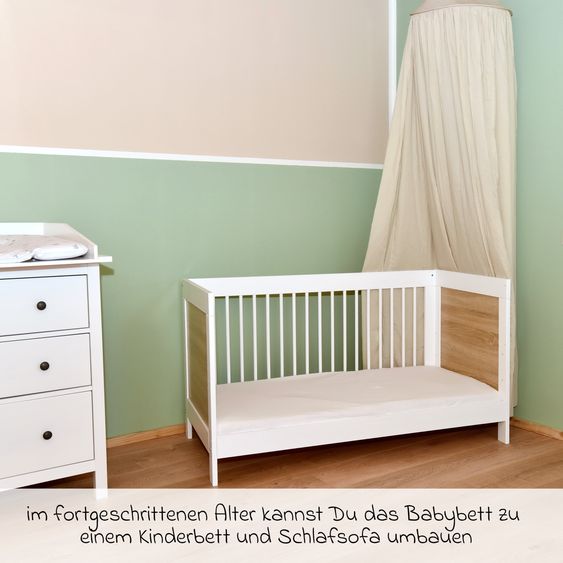 jonka Baby bed and crib Erwin with 3-way height-adjustable slatted frame and 3 rungs 70 x 140 cm - White oak