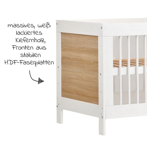 jonka Baby bed and crib Erwin with 3-way height-adjustable slatted frame and 3 rungs 70 x 140 cm - White oak