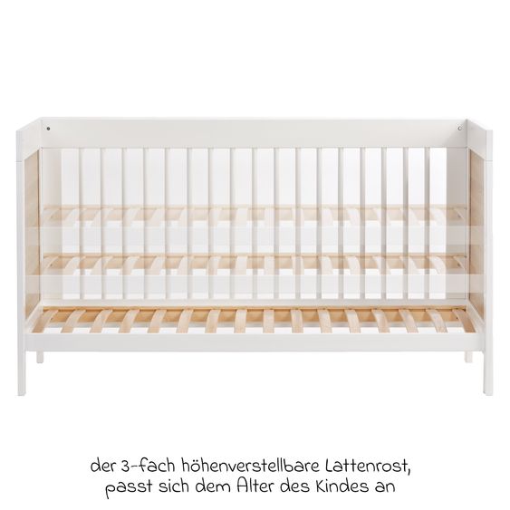 jonka Baby bed and crib Erwin with 3-way height-adjustable slatted frame and 3 rungs 70 x 140 cm - White oak