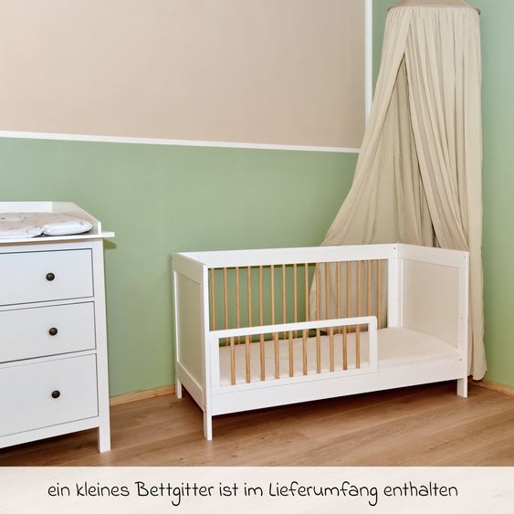 jonka Crib and toddler bed Erwin with 3-way height-adjustable slatted frame and 3 rungs 70 x 140 cm - White natural lattice